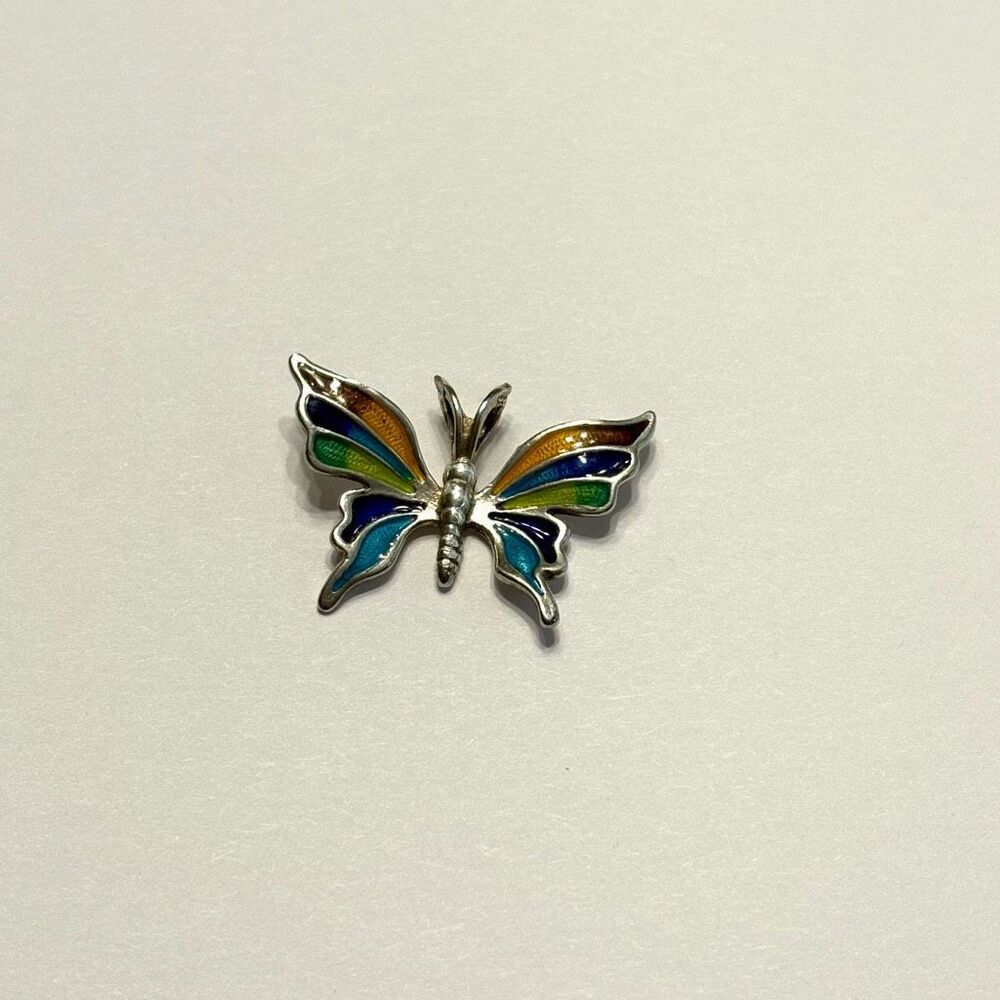 Butterfly Necklace Pendant Silver Orange Green Blue - Picture 2 of 6